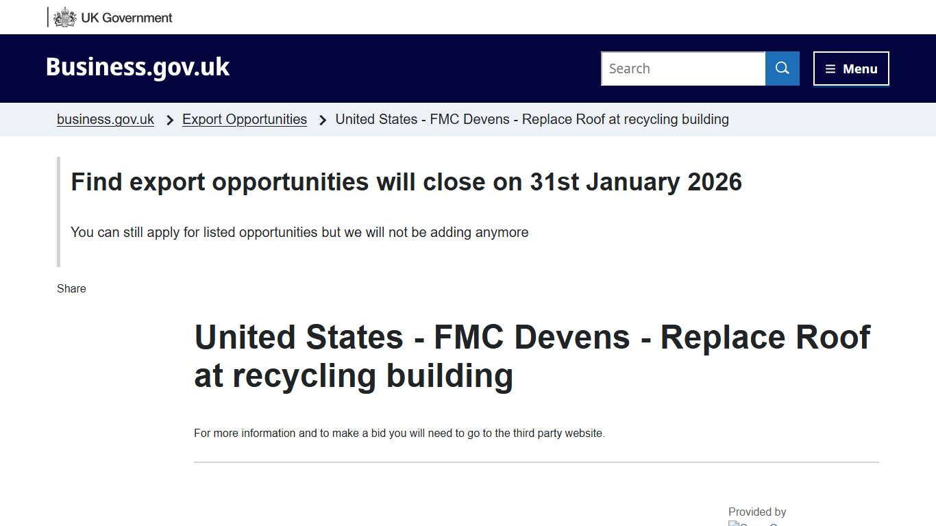 FMC Devens - Replace Roof at recycling building - Export opportunities - business.gov.uk