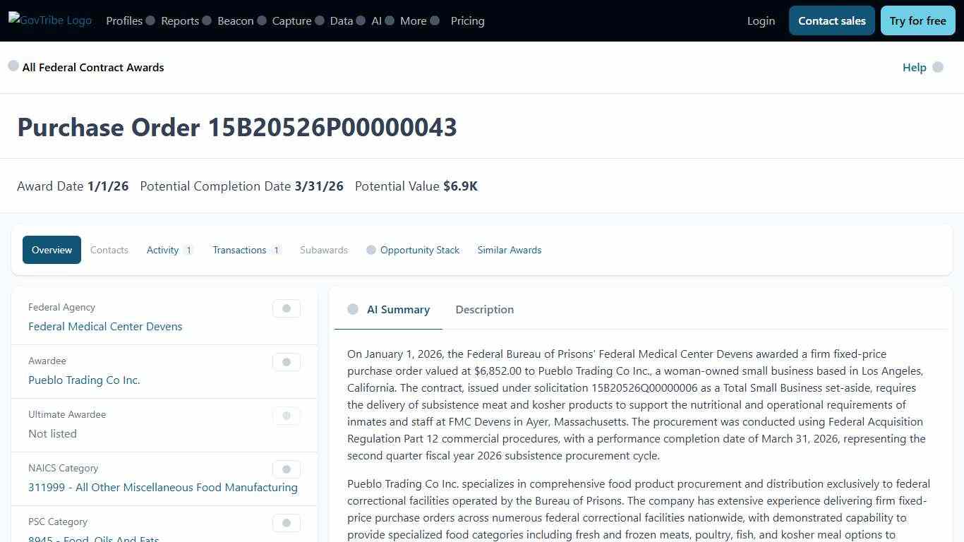 Purchase Order 15B20526P00000043